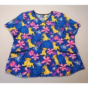 Disney Lion King Scrub Top Womens 2XL Purple Yellow Cub Pockets Caregiver Nurse